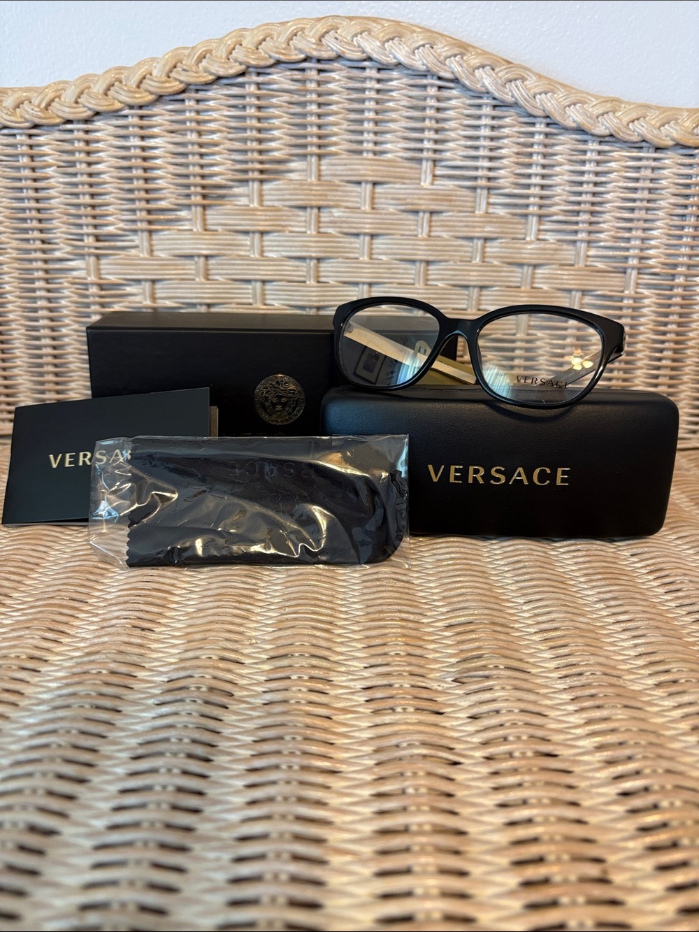 Versace Black Eyeglasses with Gold Logo Accents